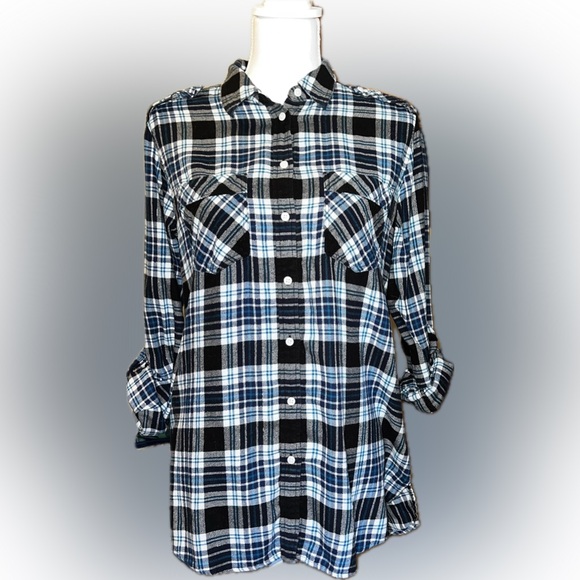Express Boyfriend Plaid Button-Up Shirt - Picture 1 of 7